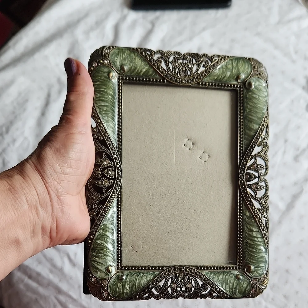 Vintage Green Enamel and Rhinestone Filigree Elegant Ornate Photo Frame
